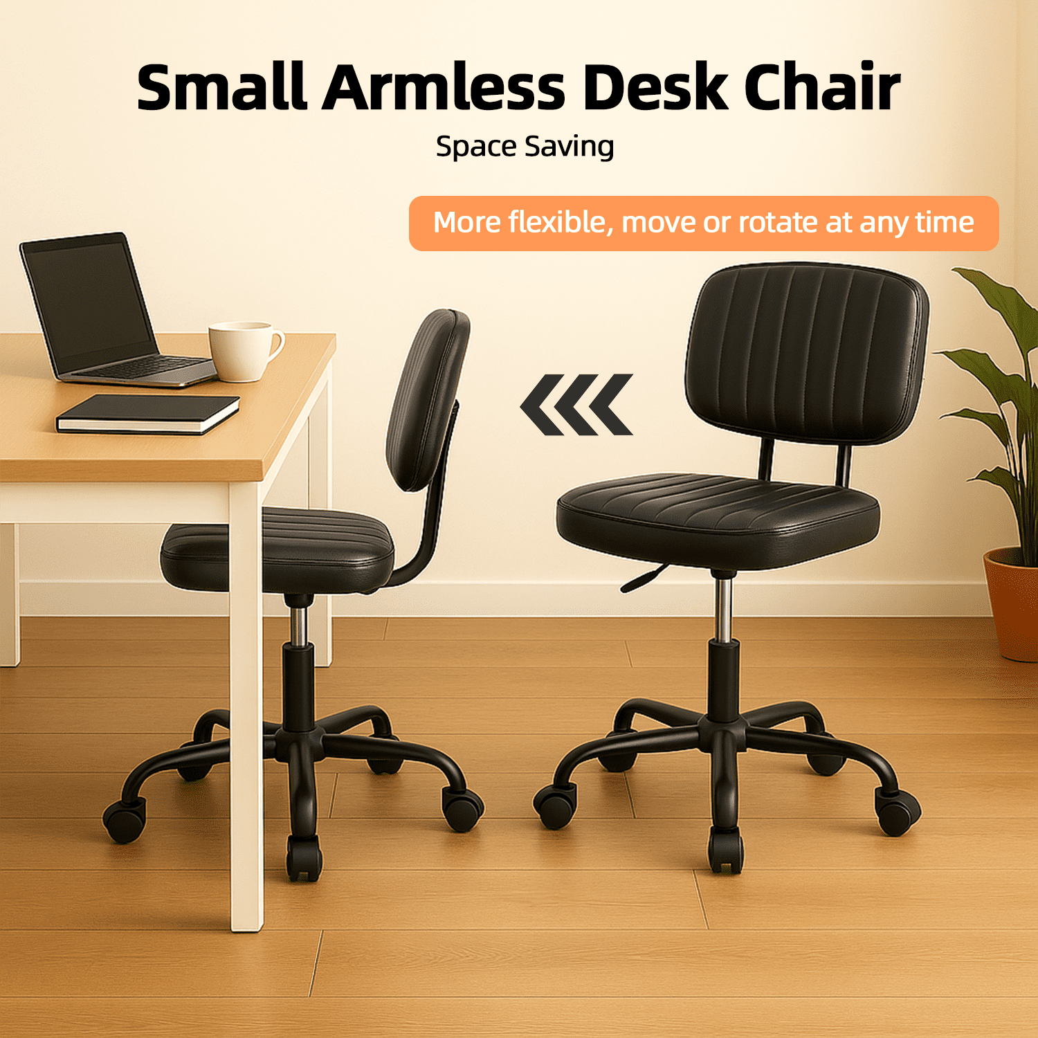 LIFERECORD PU Leather Armless Home Office Desk Chair, Small Ergonomic Task Chair for Adults and Students, Low Back Seating with Swivel, Adjustable Height, Rolling Wheels, Black