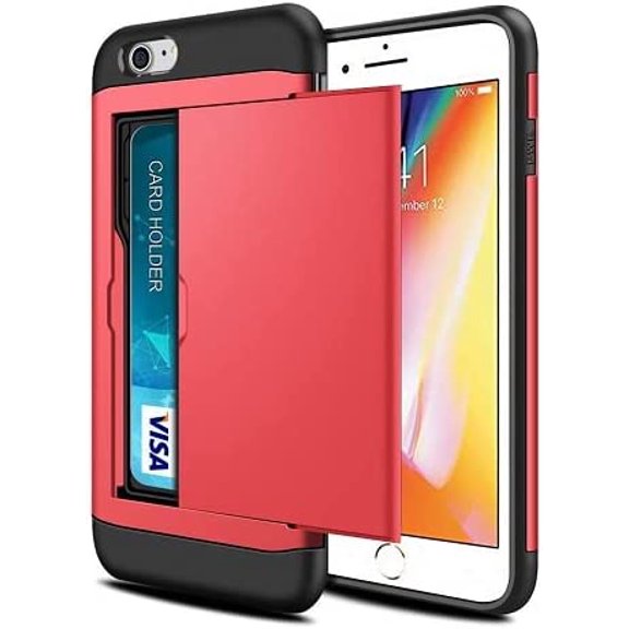 For Apple iPhone 7 Plus Red Shockproof Card Slot Wallet Heavy Duty Case Tough 360 Cover Case