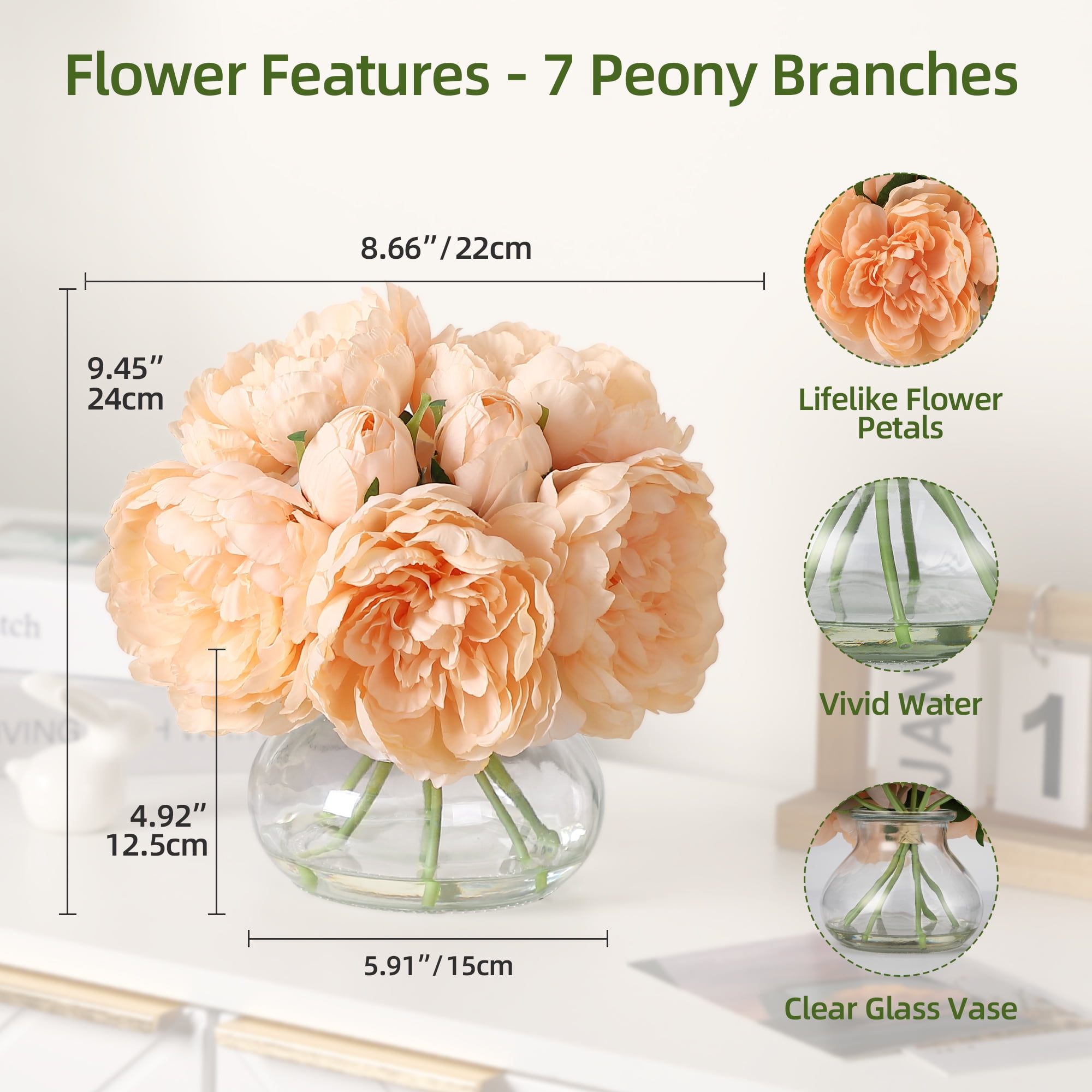 Artificial Silk Peony Flowers in Glass Vase - 10 Inch Faux Peony Arrangement with Faux Water, Realistic Touch, Table Centerpiece for Home, Wedding, Office Decor