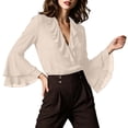 thumbnail image 2 of ClodeEU Women's V Neck Bell Long Sleeve Chiffon Top with Ruffle Hem,Casual Pullover Blouse ,Women's Plus M, 2 of 5