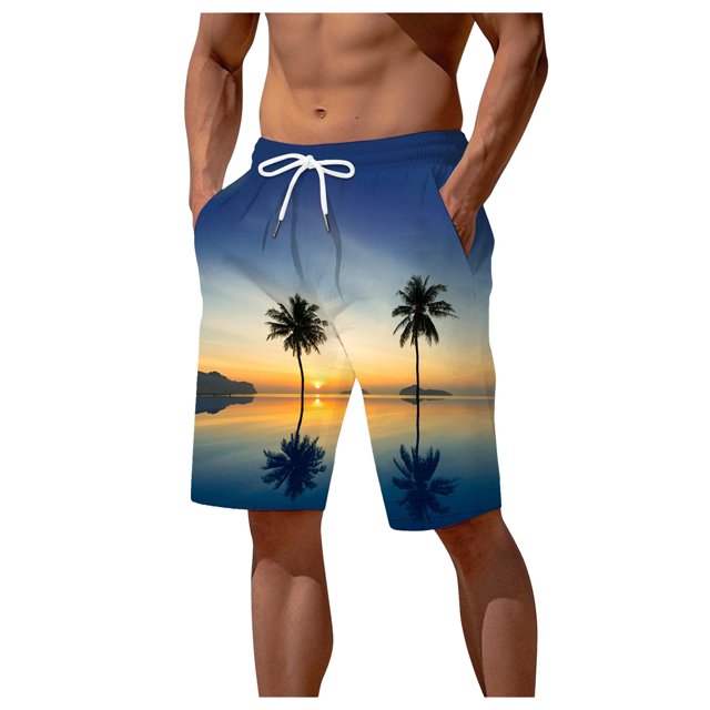 TSADFHJI Mens Swim Trunks 5 Inch with Compression Short Liner Mens Summer Coconut Tree Digital 3D Printed Shorts Elasticated Waisted Beach Pants 椰子树 Xl Navy