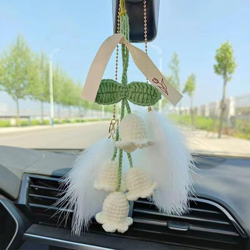 ifundom Lily of The Valley Pendant Car Rearview Charms Cute Car Accessories  Knitting Hanging Ornament Crochet Knitting Flower Car Gadgets Flowers