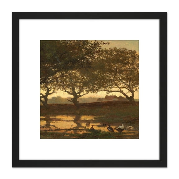 Bilders Woodland Pond At Sunset Landscape Painting 8X8 Inch Square Wooden Framed Wall Art Print Picture with Mount