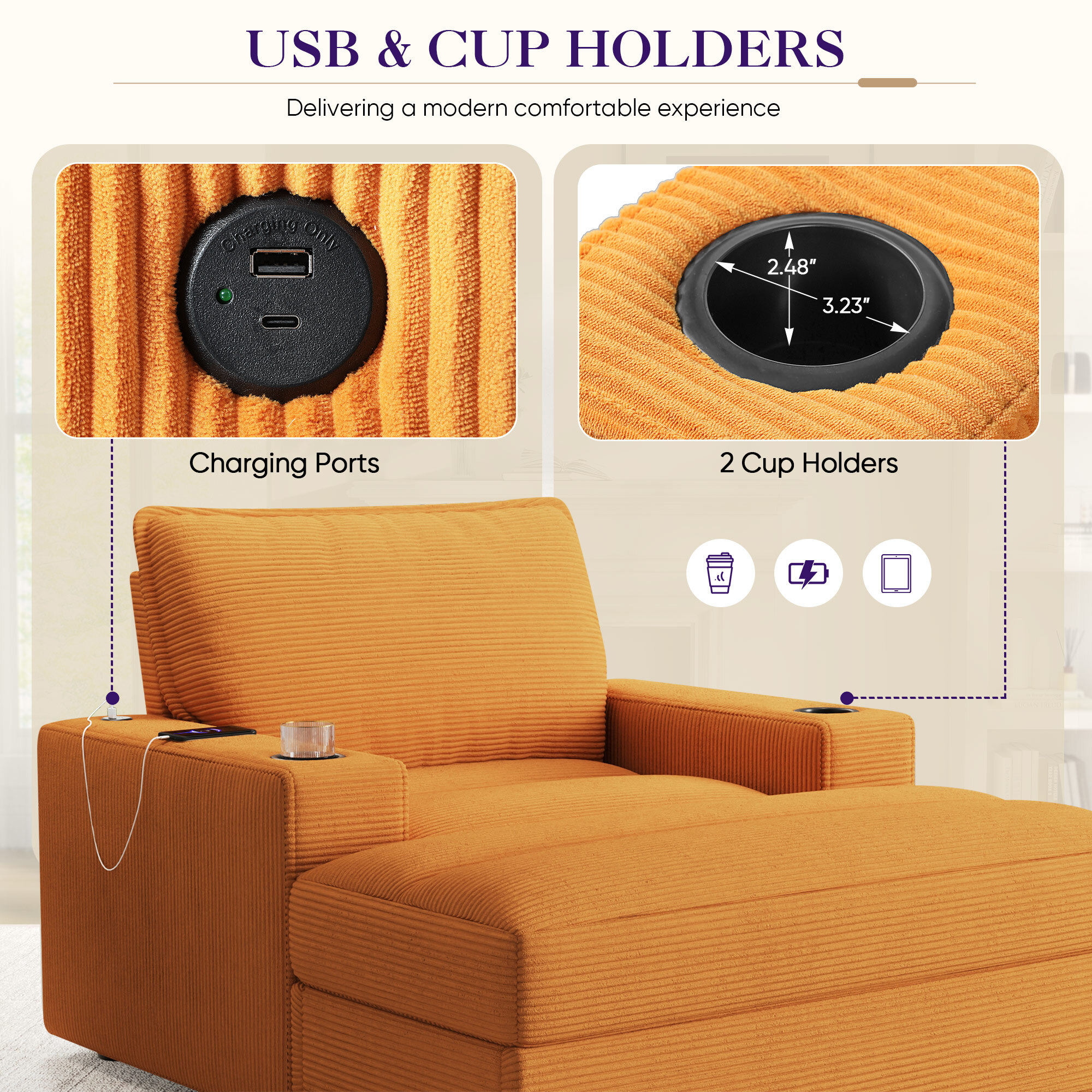 Lunale 42.8" Accent Chair with Ottoman, Indoor Chaise Lounge Chair with USB & Storage, Plush Reading Sofa Armchair for Living Room, Bedroom, Apt, Orange Corduroy