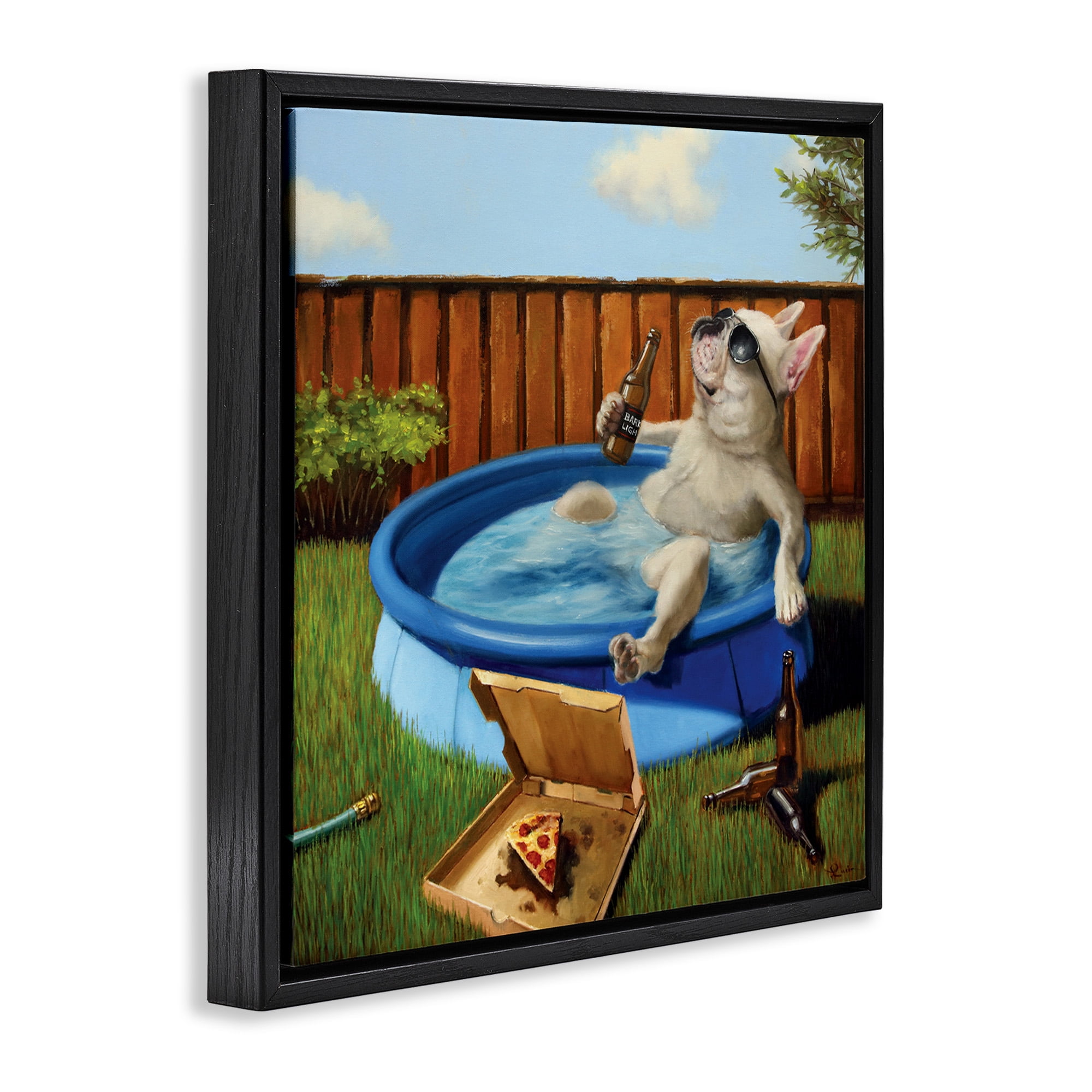 Stupell Industries Dog Drinking in Summer Pool Animals & Insects Painting Black Floater Framed Canvas Art Print Wall Art, 18 x 18