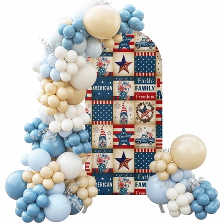 Independence Day Arch Backdrop Cover 6.6FT Vintage US Flag Gnome Truck HOME Stars Spandex Arch Covers Double-Sided Backdrop for Wedding Birthday Party Photo Background Decoration