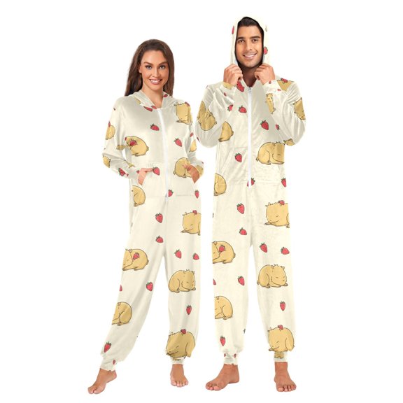 Adult Christmas Onesie Cute Guinea Pig and Strawberry Adult Zipper One-Piece Pajamas Unisex Pajamas with Pockets