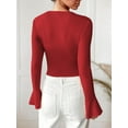 thumbnail image 3 of Weardear Women's V Neck Ruched Self-Tie T-Shirt Slim Fit Flare Long Sleeve Basic Tops, 3 of 5