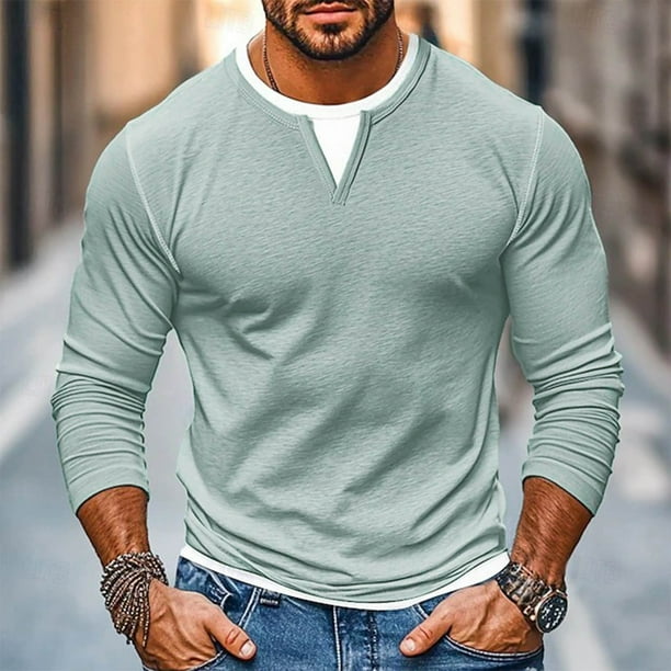 pstuiky camisetas de hombre Camiseta de hombre falsa de dos piezas de doble capa de moda empalmada de manga larga camisa base de hombre de manga larga con cuello en V Top/camiseta de hombre
