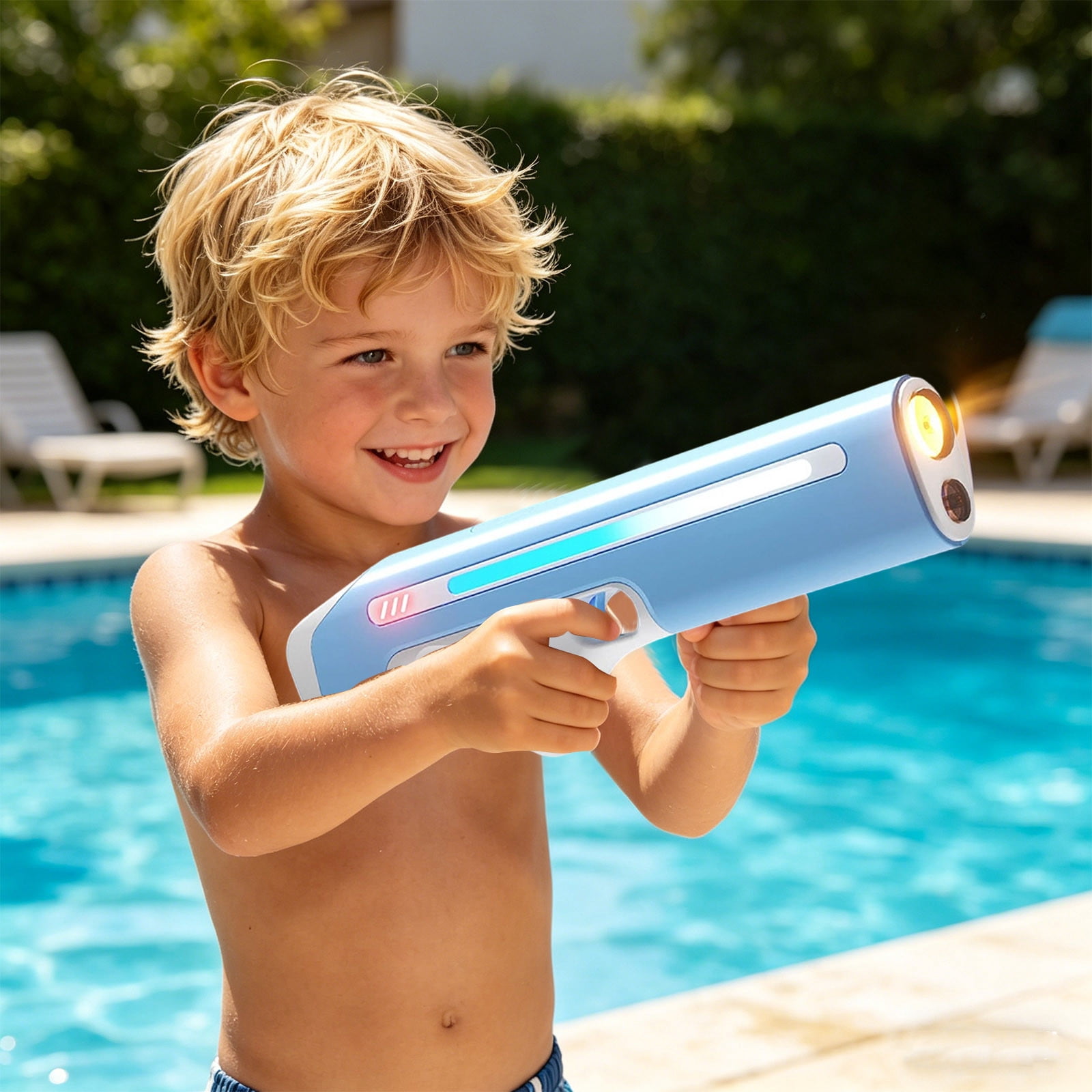 Automatic Water Gun with LED Lights, USB Rechargeable Long Range for Pool Beach,Blue