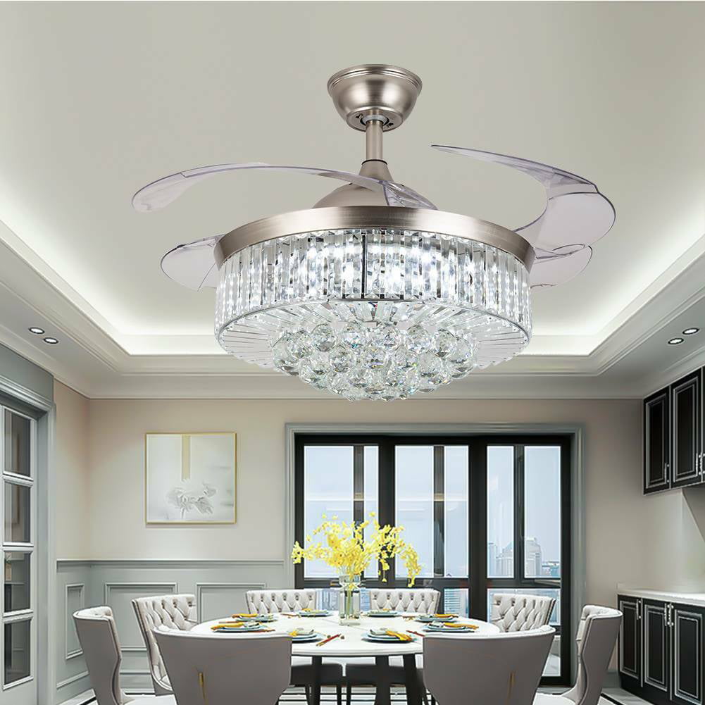 Crystal LED Chandelier Invisible Ceiling Fan Light Ceiling Lamp w/ Remote 