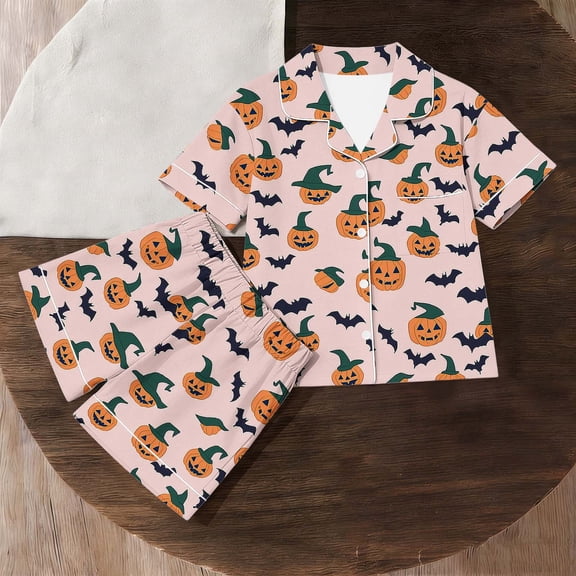 JOANKDMI 2 Piece Girls Halloween Pajama Shorts Set Short Sleeve Button Up Sleep Shirt with Witch Hat Pumpkin Bat Print Soft Comfortable Tagless Nightwear for Cozy Sleep Playtime, 5Y-14Y