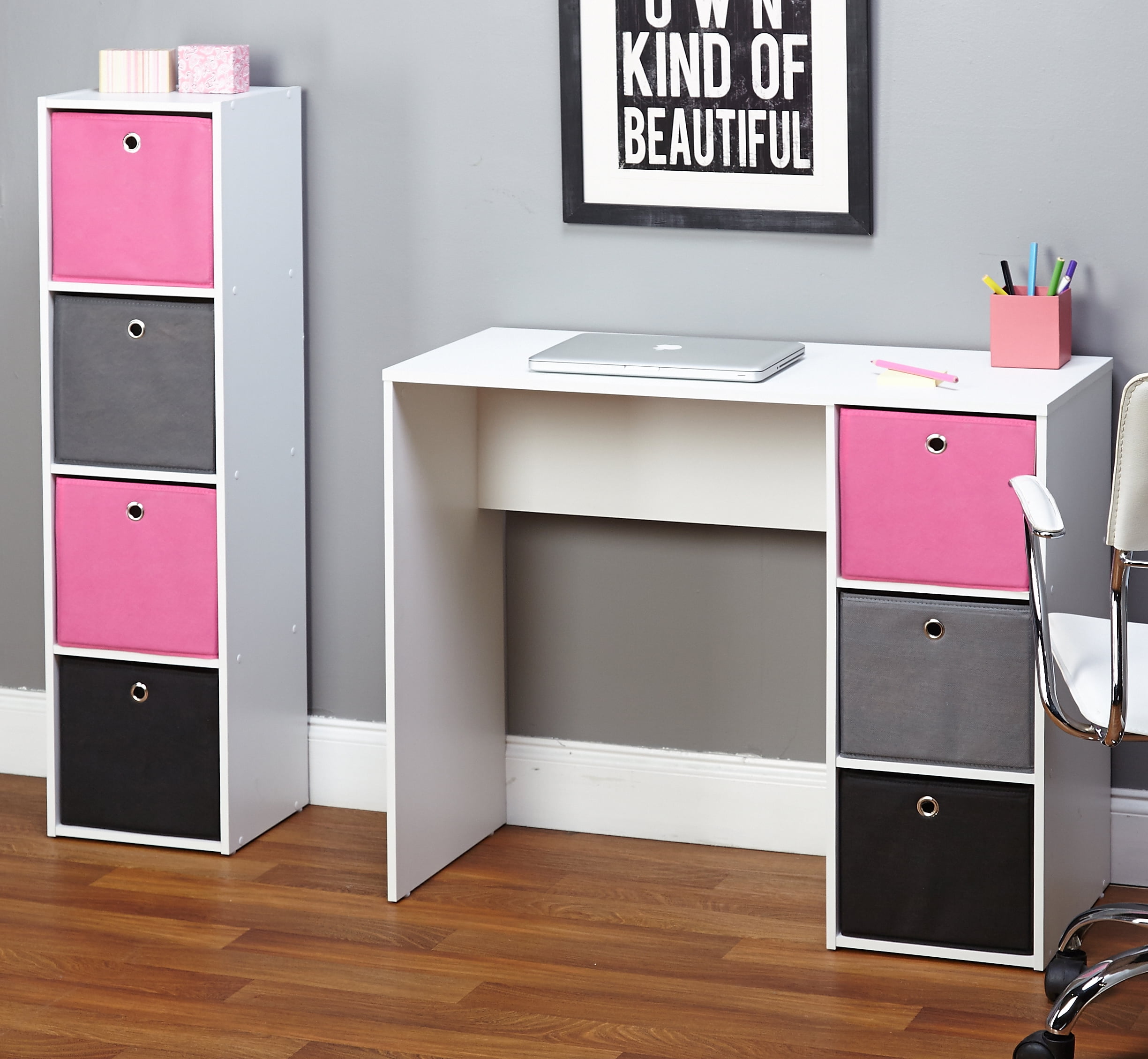 Kids Desk with Three Fabric Storage Bins, Multiple Colors