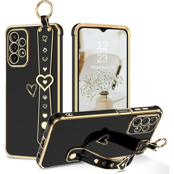 for Samsung Galaxy A23 4G/5G Case, Galaxy A23 Phone Case, Slim Flexible TPU Plating Love Heart with Wristband Kickstand Shockproof Protective Phone Case for Samsung A23 4G/5G 6.6 Inch, Black