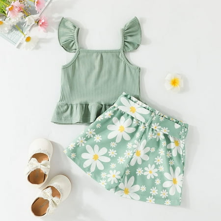

nsendm Toddler Girls Sleeveles Ribbed Letter Printed T Shirt Vest Tops Floral Printed Shorts Outfits Baby Bundle Set Childrenscostume Green 18 Months