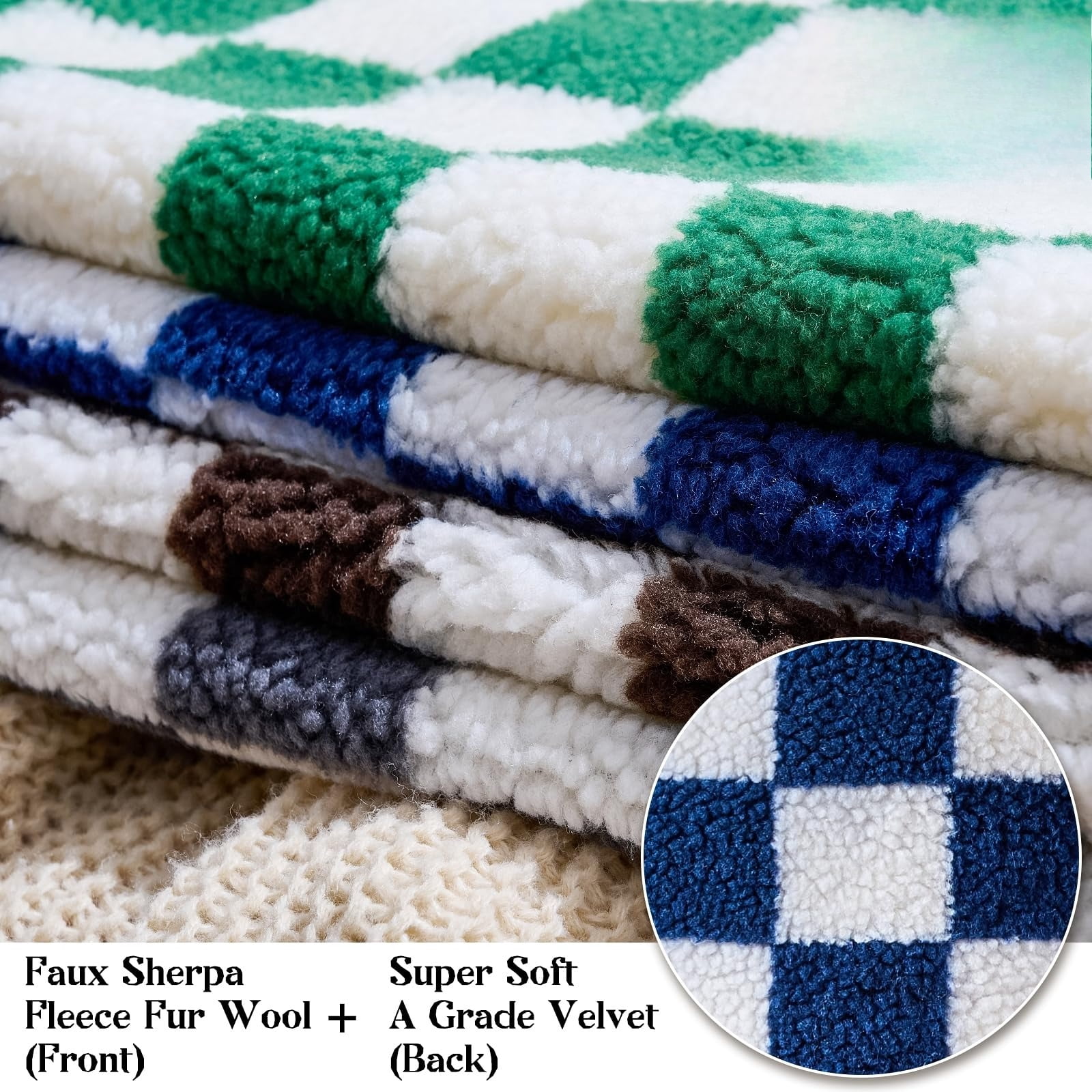 Lanola Pack of 2 Decorative Throw Pillow Covers Checkerboard Luxury Super Soft Faux Fur Wool Set Case Cushion for Couch Sofa Bedroom 18 x 18-Inch Camel