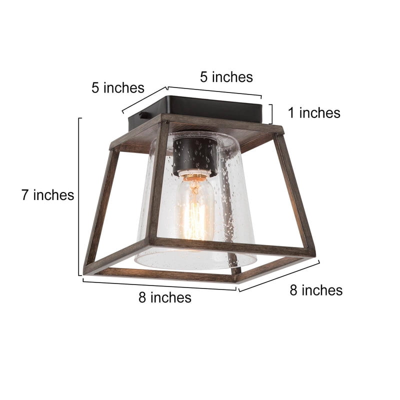 LNC 8-in Grayish Brown Wood and Black Seeded Glass Square LED Farmhouse Flush Mount Light