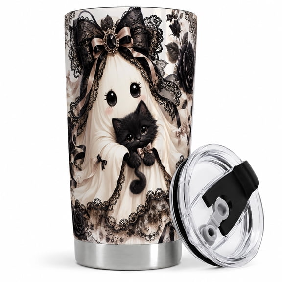 Gothic Ghost Cat Tumbler, 20oz Insulated Drinkware for Cat Lovers Stainless steel insulated tumbler with lid, gothic ghost and black cat artwork for water, iced coffee, tea, or office