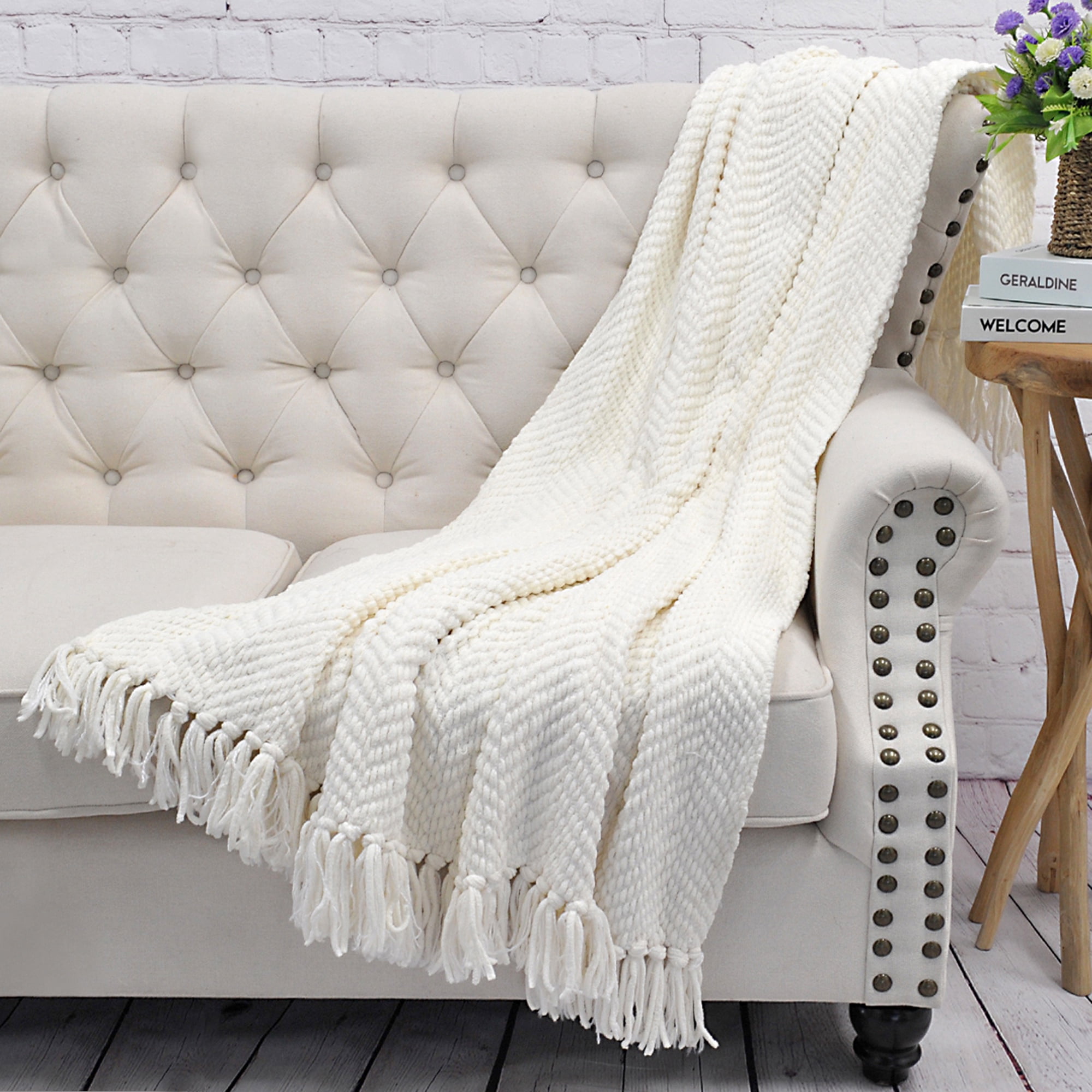 Home Soft Things Reversible Tweed Throw Blanket, Super Soft & Cozy - Antique White, 60x80"