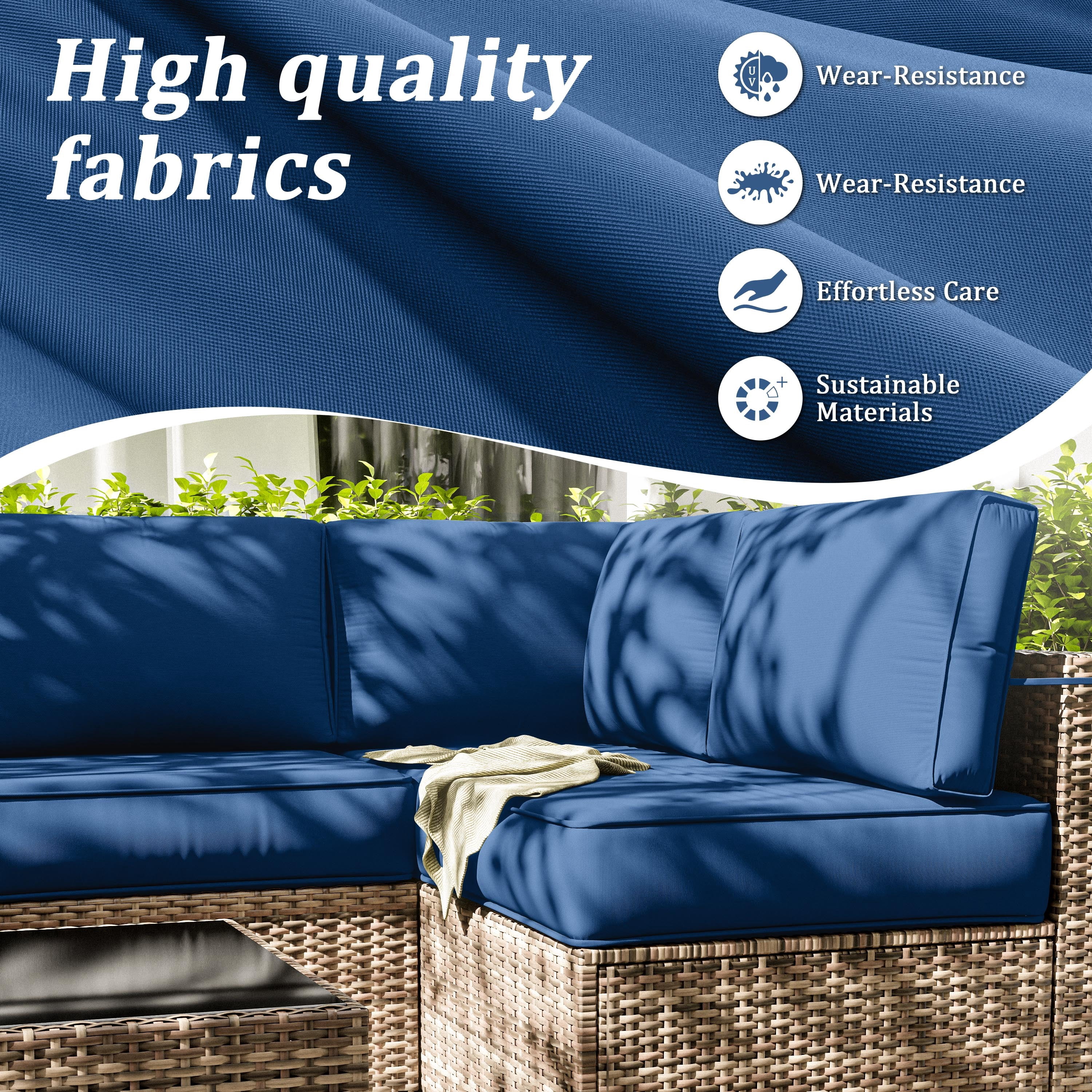 Pakunoda 14 Pieces Outdoor Replacement Cushions, 5” High-Density Foam Sectional Cushions Couch, 6 Seat Patio Conversation Sets for Rattan Wicker, Liner&Cover, Blue