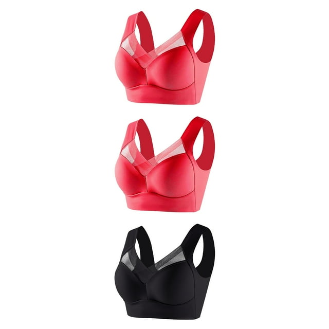 FAIWAD 3 Pack Womens Plus Size Bra Wirefree Mesh Patchwork Bralettes Full Coverage Everyday Stretch Sports Yoga Underwear