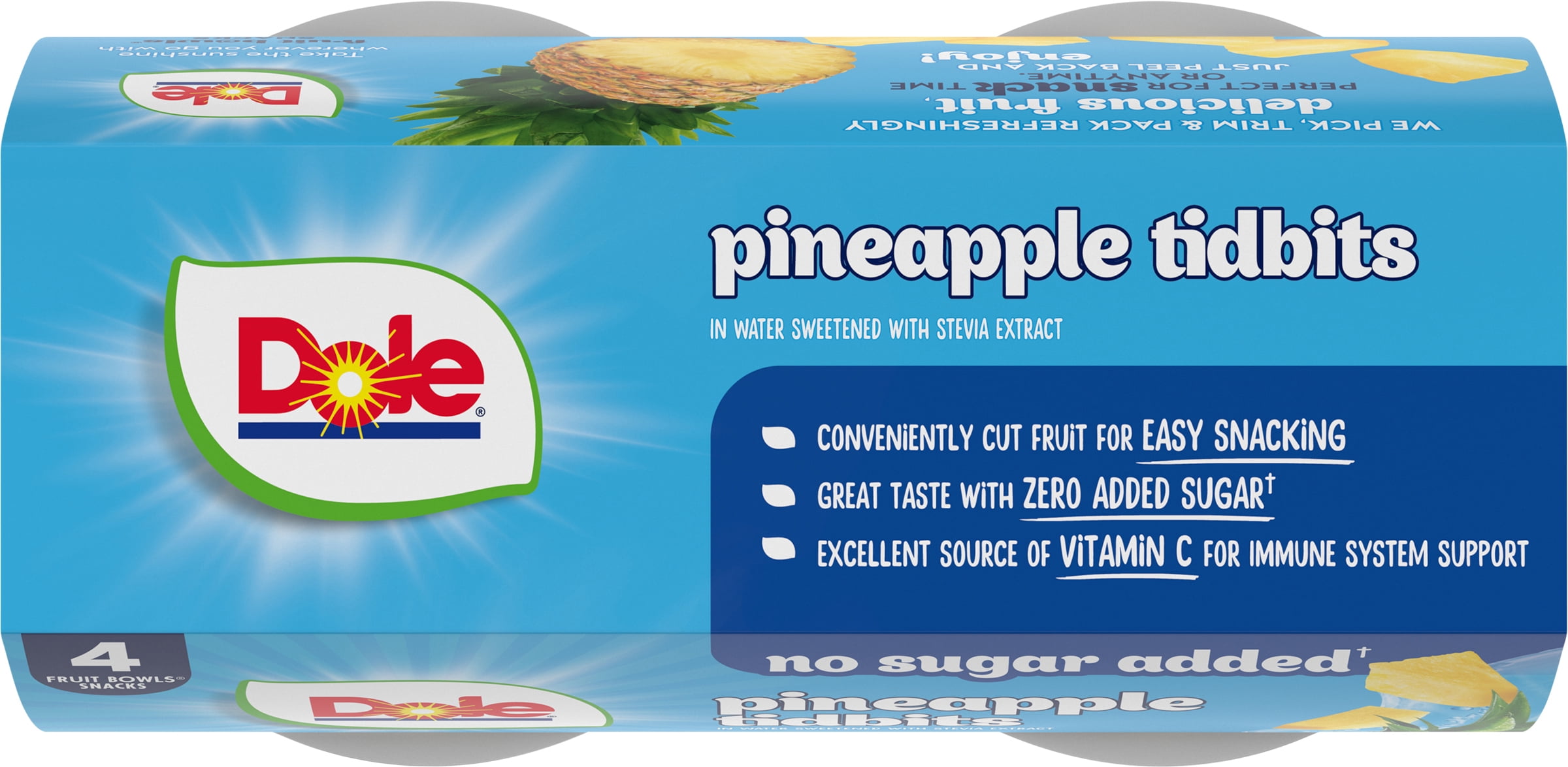 (4 pack) Dole Fruit Bowls No Sugar Added Pineapple Tidbits in Water, 4 oz Cups (4 Pack)