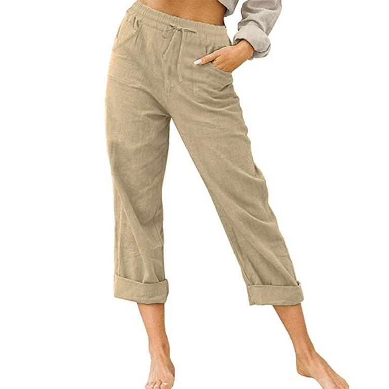 OGLCCG Summer Capri Pants for Women Cotton Linen Elastic Waist Drawstring Cropped  Pants Ankle Soild Color Trousers with Pockets 
