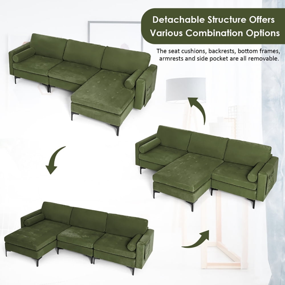 Finihen L-Shaped Sectional Sofa Couch, Sofa Bed, Modular L-shaped 3-Seat Sectional Sofa with Reversible Chaise and 2 USB Ports, for Living Room, Army Green Finihen L-Shaped Sectional Sofa Couch, Sofa Bed, Modular L-shaped 3-Seat Sectional Sofa with Reversible Chaise and 2 USB Ports, for Living Room, Army Green