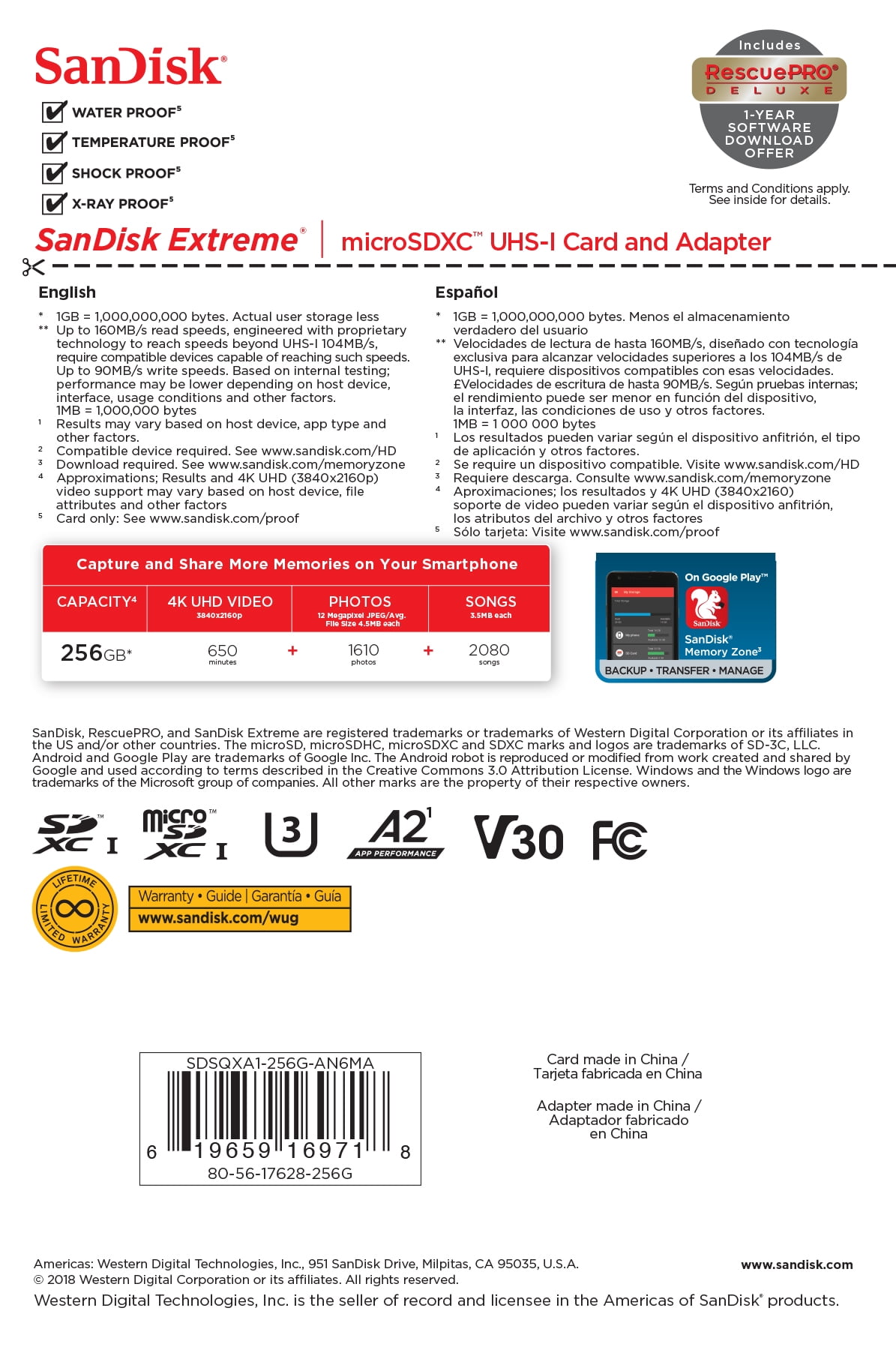 SanDisk SDSQUNR-256G-GN3MN 256GB 8pin microSDXC r100MB/s C10 UHS-I SanDisk  Ultra microSDXC Memory Card w/out Adapter 