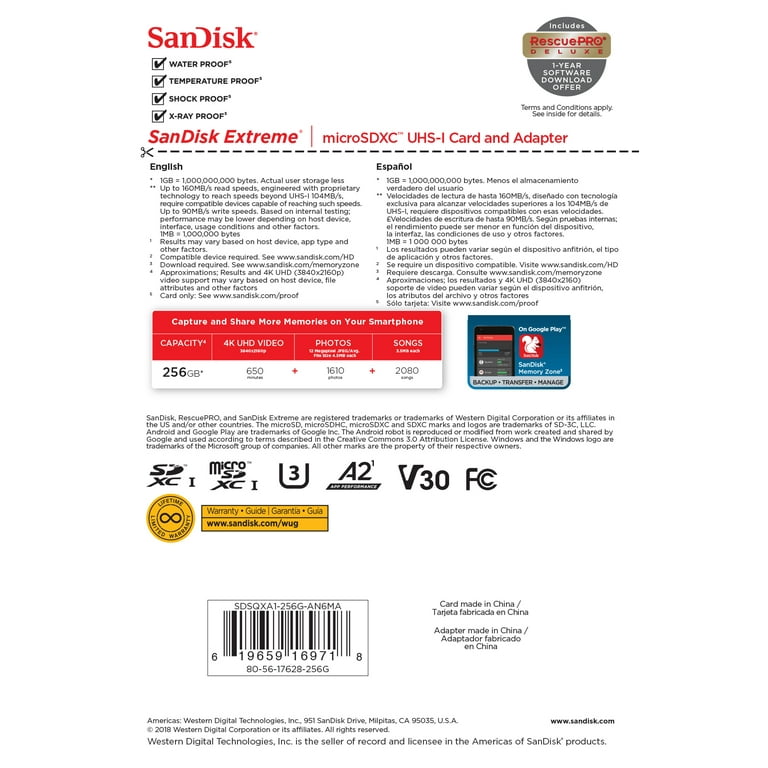 SanDisk 128GB Extreme microSDXC UHS-I Memory Card with Adapter - Up to  160MB/s, C10, U3, V30, 4K, A2, Micro SD - SDSQXA1-128G-GN6MA