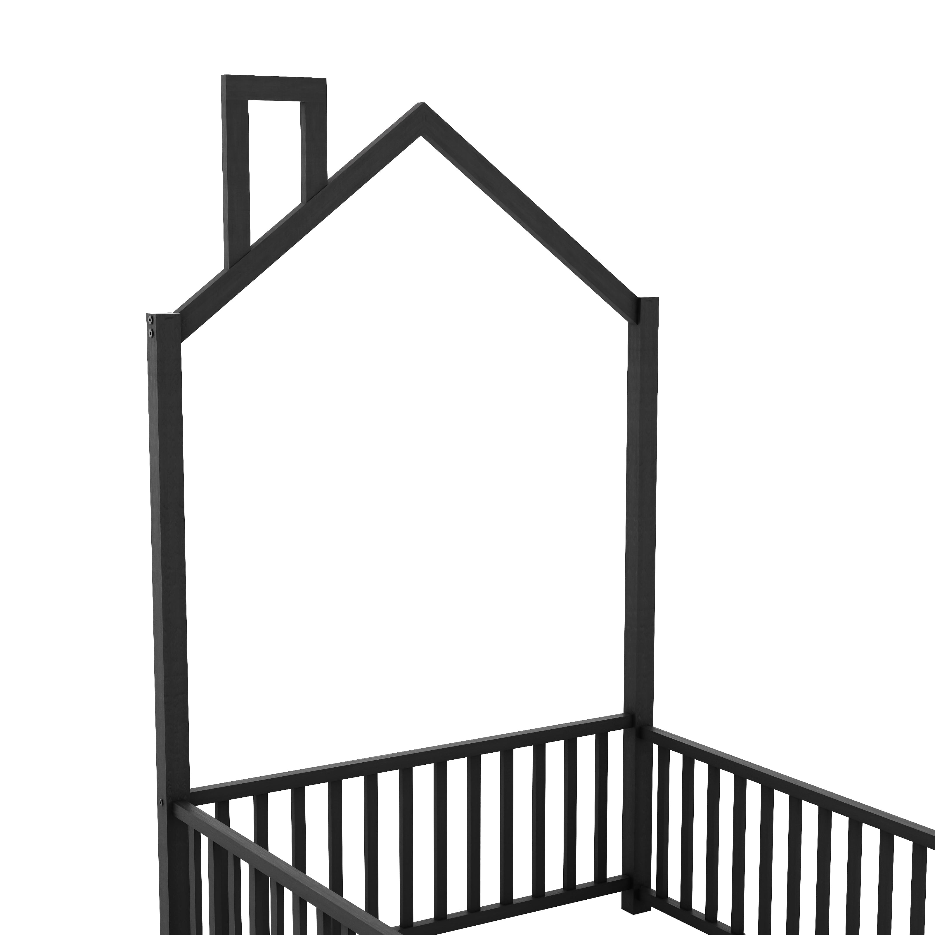 MODERNLUXE Twin Size Platform Bed Frame, House Floor Bed with Guardrail and Chimney, Black