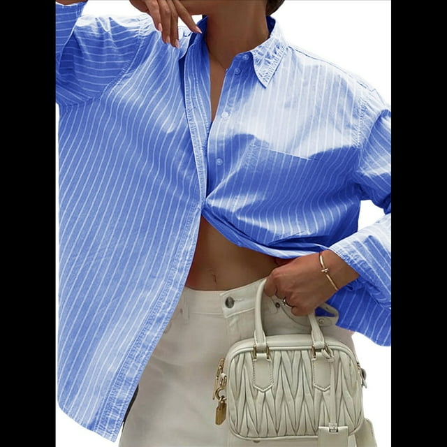 Camisas de Mujer con Botones, Blusas de Rayas de Larga, Blusas Casuales de Moda 2025 Azul Vaquero XL