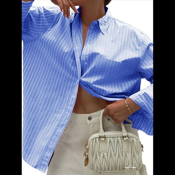 Camisas de Mujer con Botones, Blusas de Rayas de Larga, Blusas Casuales de Moda 2025 Azul Vaquero S