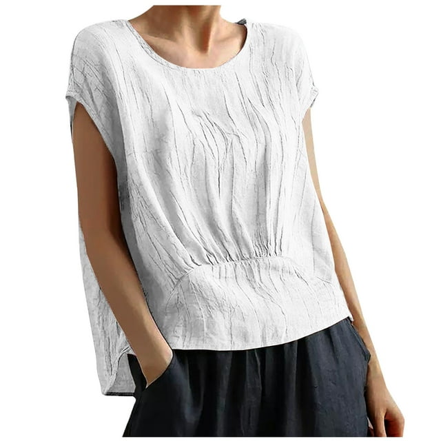 cfhntfmh Hauts d'Été pour Femmes Tendance à Manches Courtes Col Rond Blouses Basiques Confortables Couleur Unie T-Shirts Décontractés 2025