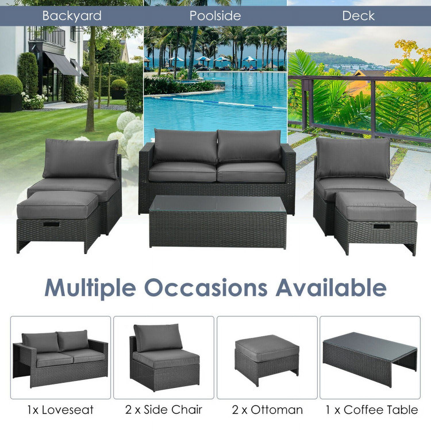 Aimee Lii 6 Pieces Patio Rattan Furniture Set with Glass Table and Cushioned Seat, Outdoor Patio Set, Gray Aimee Lii 6 Pieces Patio Rattan Furniture Set with Glass Table and Cushioned Seat, Outdoor Patio Set, Gray