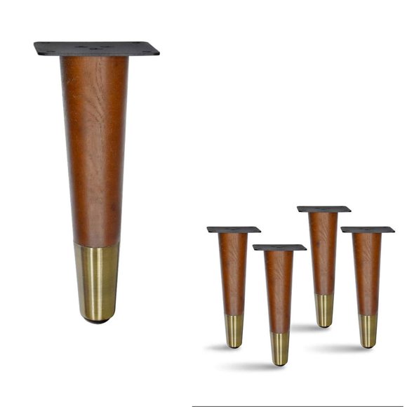 AKB Hardware 4 Pcs Retro Straight Wood Furniture Legs – Solid Wood Sofa, Bench, Table Legs with Metal Footing, Durable and Stylish Design (8" H Antique Brass Plated Footing)