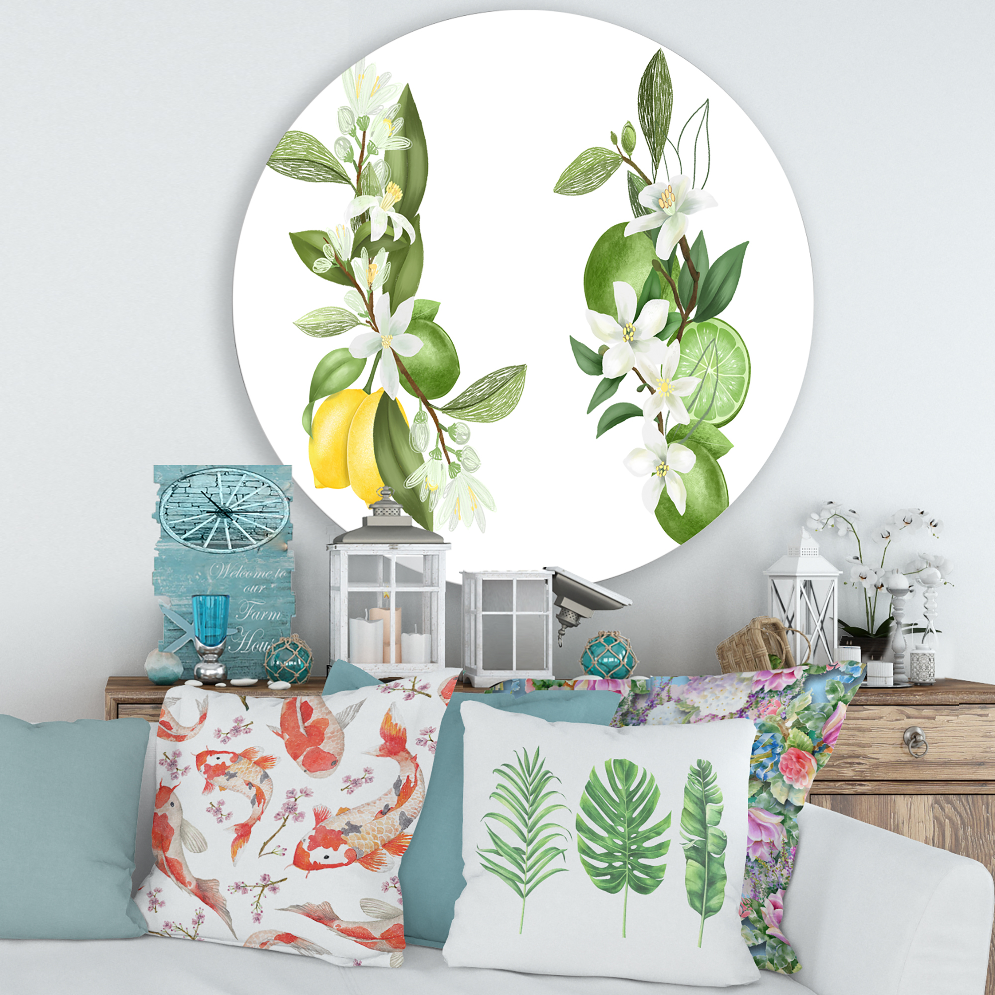 Designart 'Bouquets Of Blooming Lemon Tree Branches on White' Traditional Circle Metal Wall Art 36x36 - Disc of 36