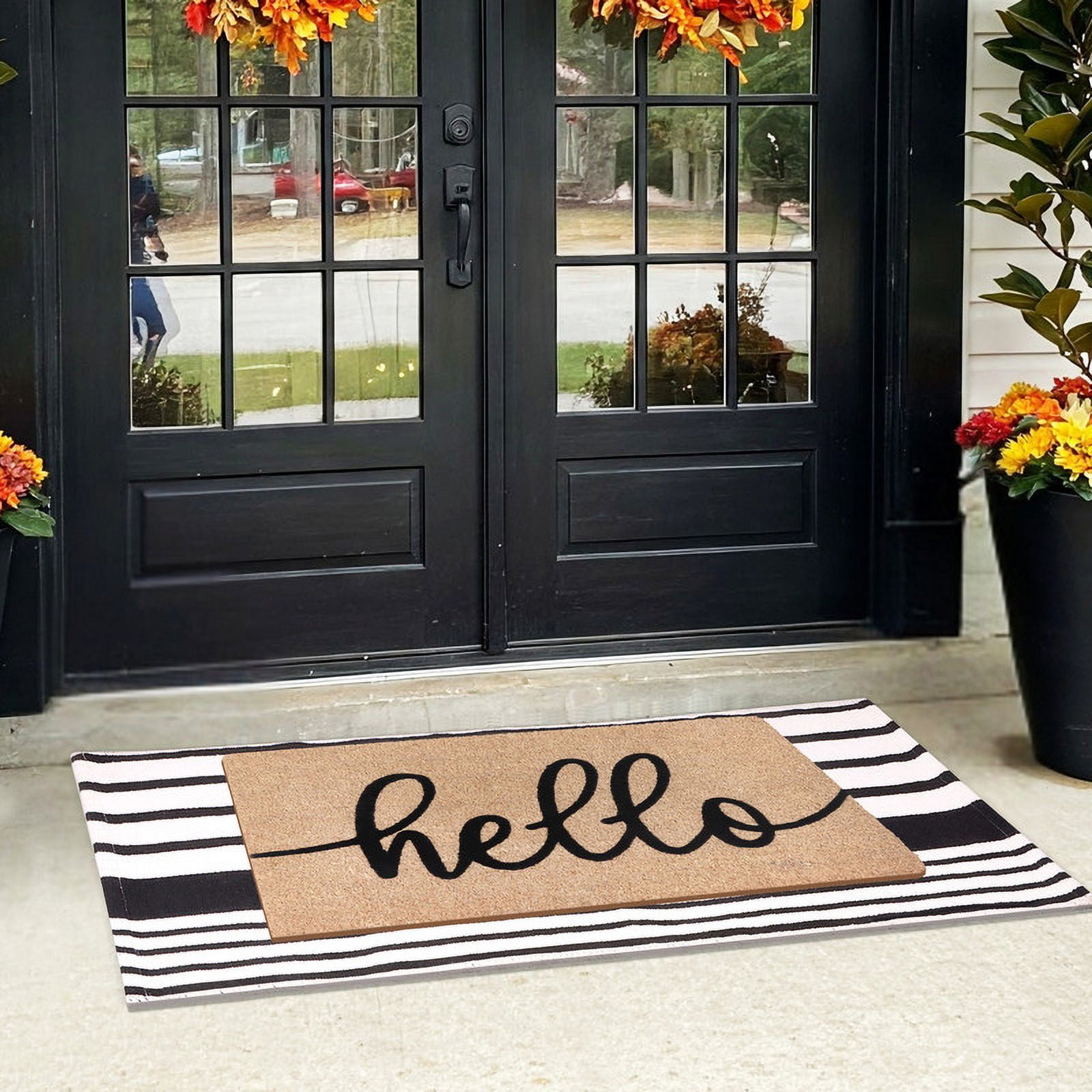 A1HC Coir Welcome Mat and Black & White Striped Cotton Rug Combo Set, 24"x36" & 24"x51", Hand-Woven Washable Entryway Décor
