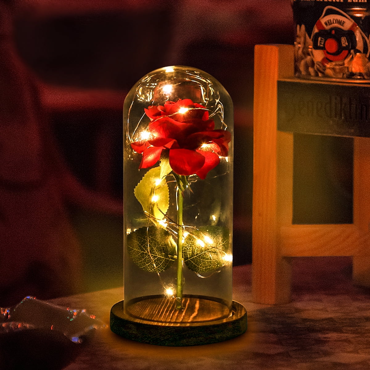 Beauty and The Beast Rose Decor Light, Enchanted Red Rose Glass Dome