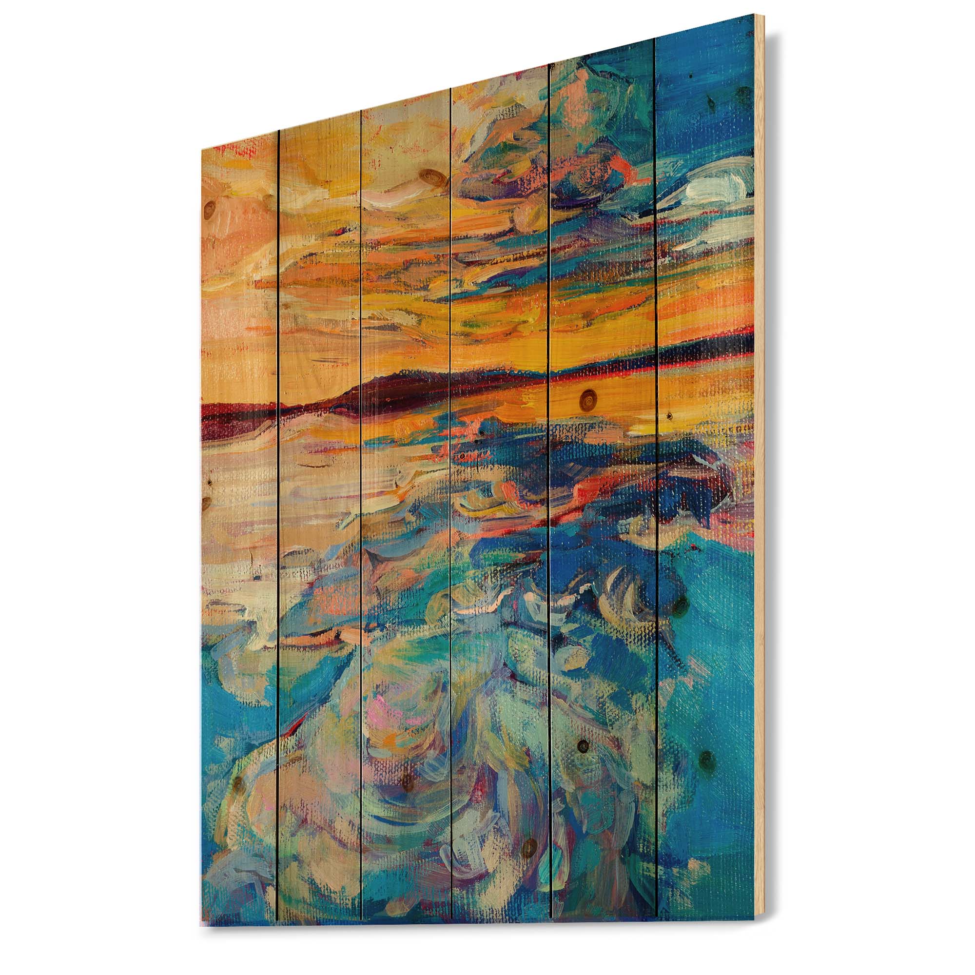 Designart 'Whirly Blue Waves Under Orange Sunset' Nautical & Coastal Print on Natural Pine Wood