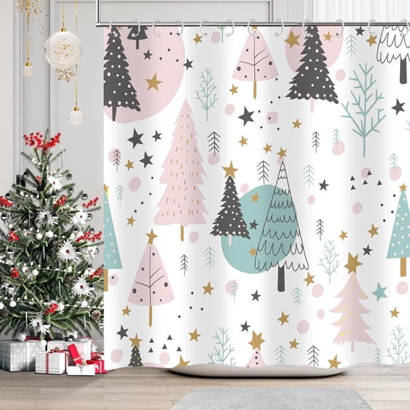Christmas Shower Curtain, Winter Shower Curtain, Waterproof Cute Bathroom Shower Curtain, Stars Christmas Tree Shower Curtains, Bathroom Curtains Shower Bathroom Decor