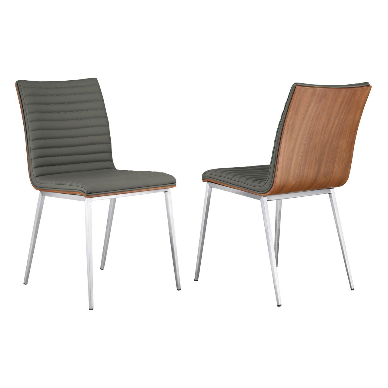 Café Brushed Stainless Steel Dining Chair in Gray Faux Leather with Walnut Back - Set of 6