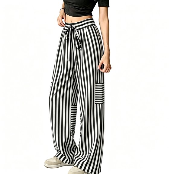 ZHYou No Boundarie Womens Striped Pants Casual Drawstring High Waist Wide Leg Cute Stylish Loose Fit Trousers,Black,Size L