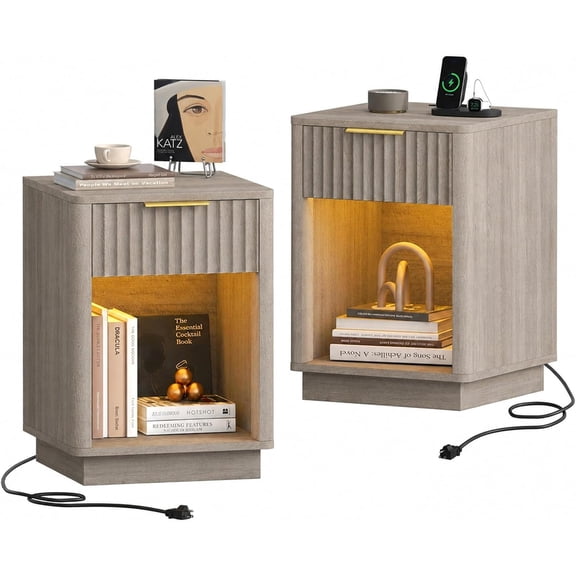 Fluted Nightstand Set of 2, Bedside Table with Charging Station & LED Light, Greige End Table for Bedroom