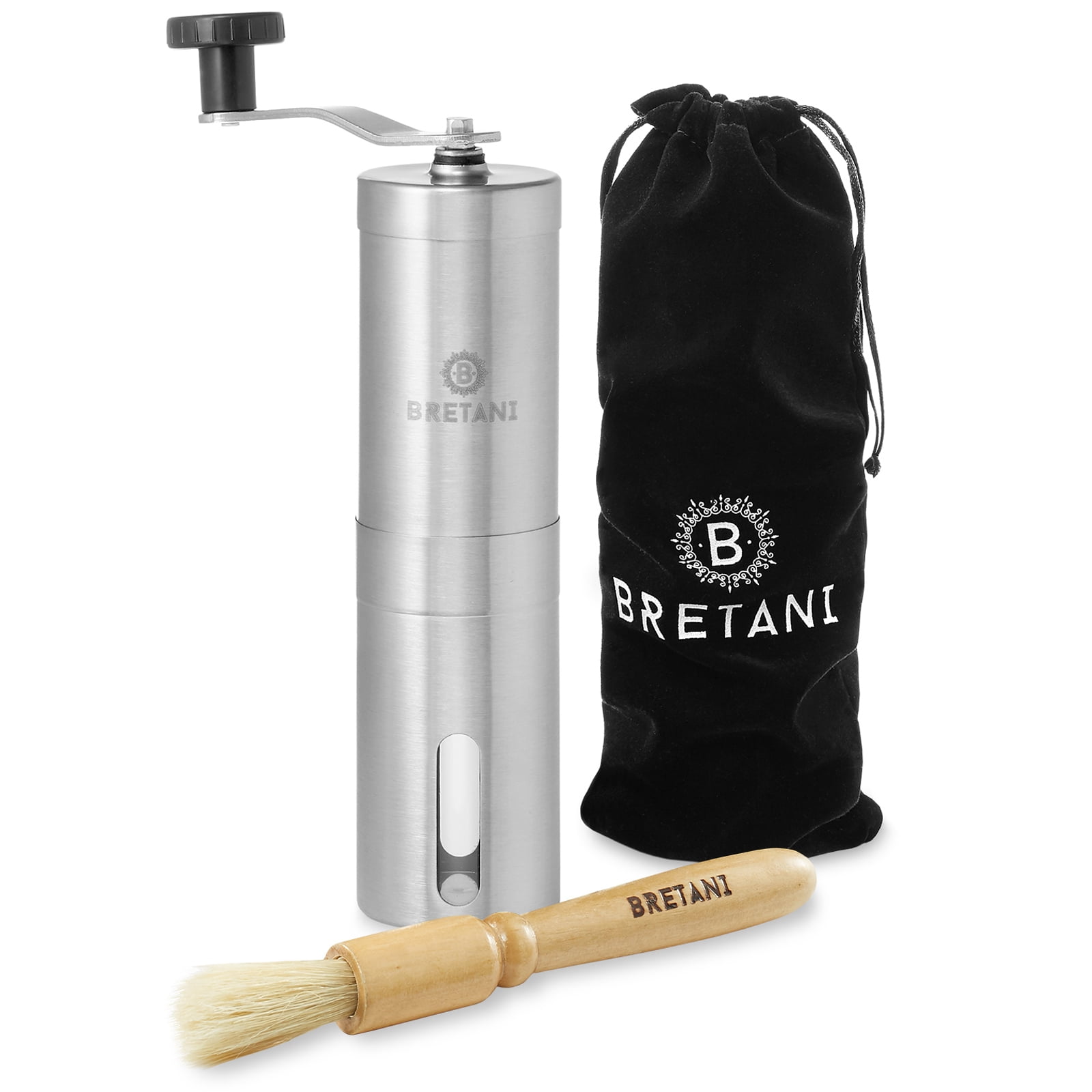 Bretani Stainless Steel Manual Coffee Grinder with Cleaning Brush and Velvet Travel Bag