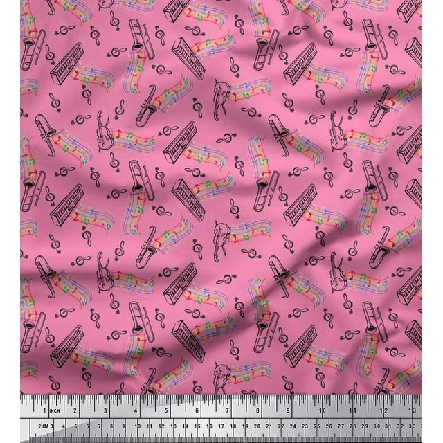 Soimoi Rayon Fabric Notes,Piano & Guitar Musical Instrument Decor Fabric Printed Yard 42 Inch Wide