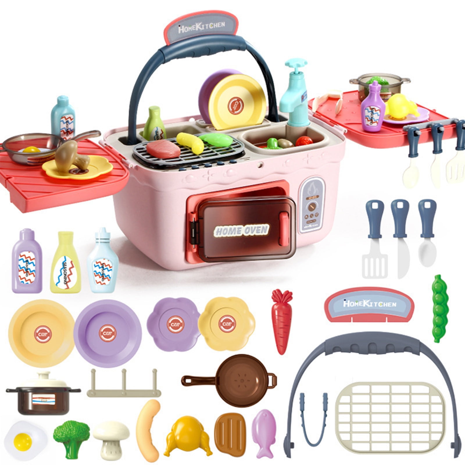 Kitchen Set Multifunction Cooking Kids Toy with Sound and Light Pretend Play Includes Play Food, Kit
