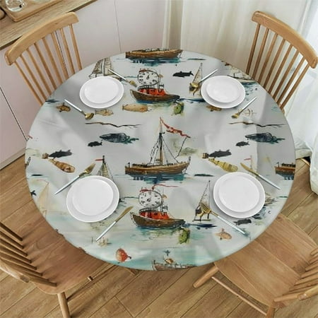 

Palnkart Boats Clock Flag Round Table Cover Stain Resistant Washable Indoor Outdoor Tablecloth Kitchen Dining Wedding Parties Picnic Farmhouse 100% Polyester Fiber 54-58