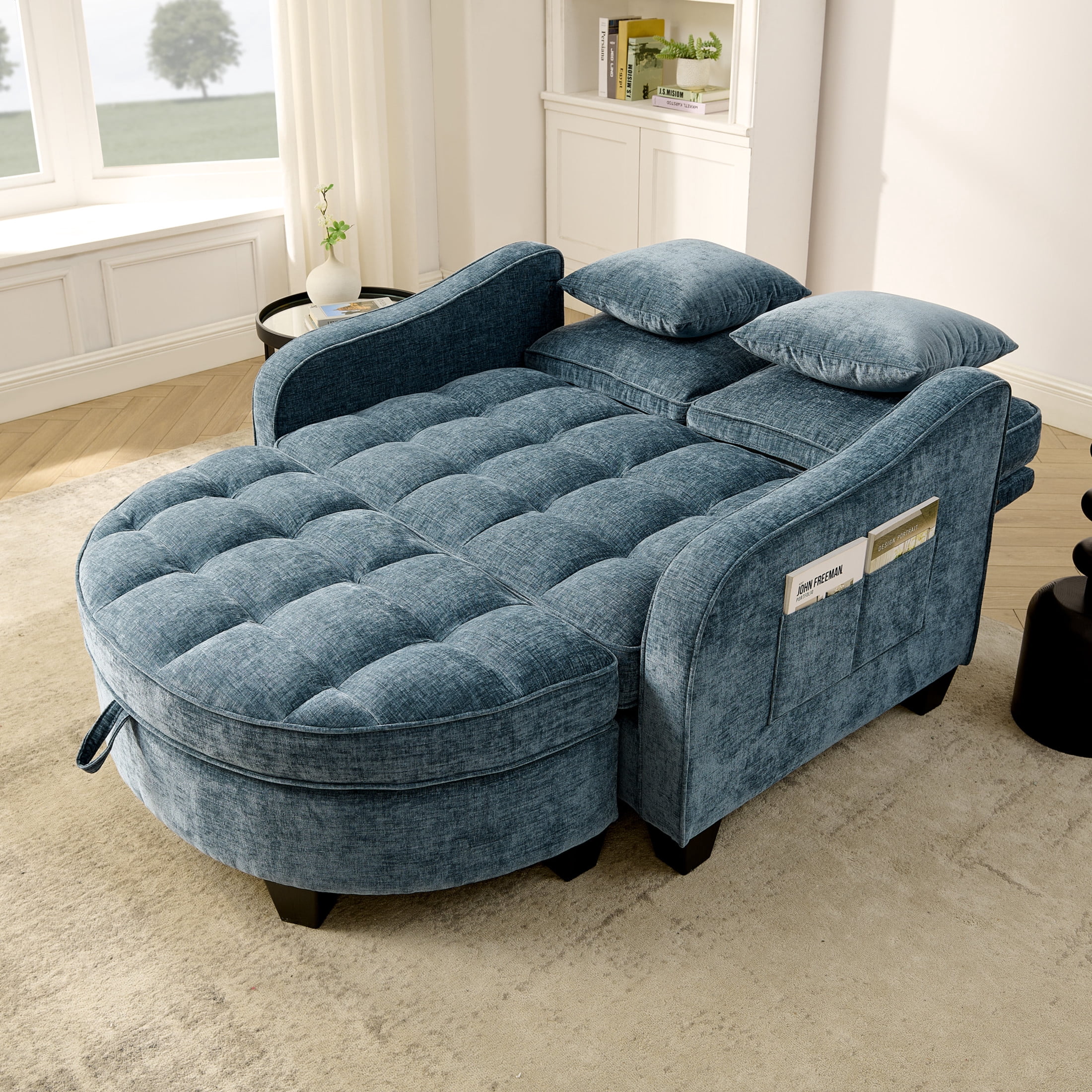 Noble House Rache 51" Upholstered Two-Seater Sofa, Double Chaise Longue with Storage Ottoman and Comfy Pillows, Blue