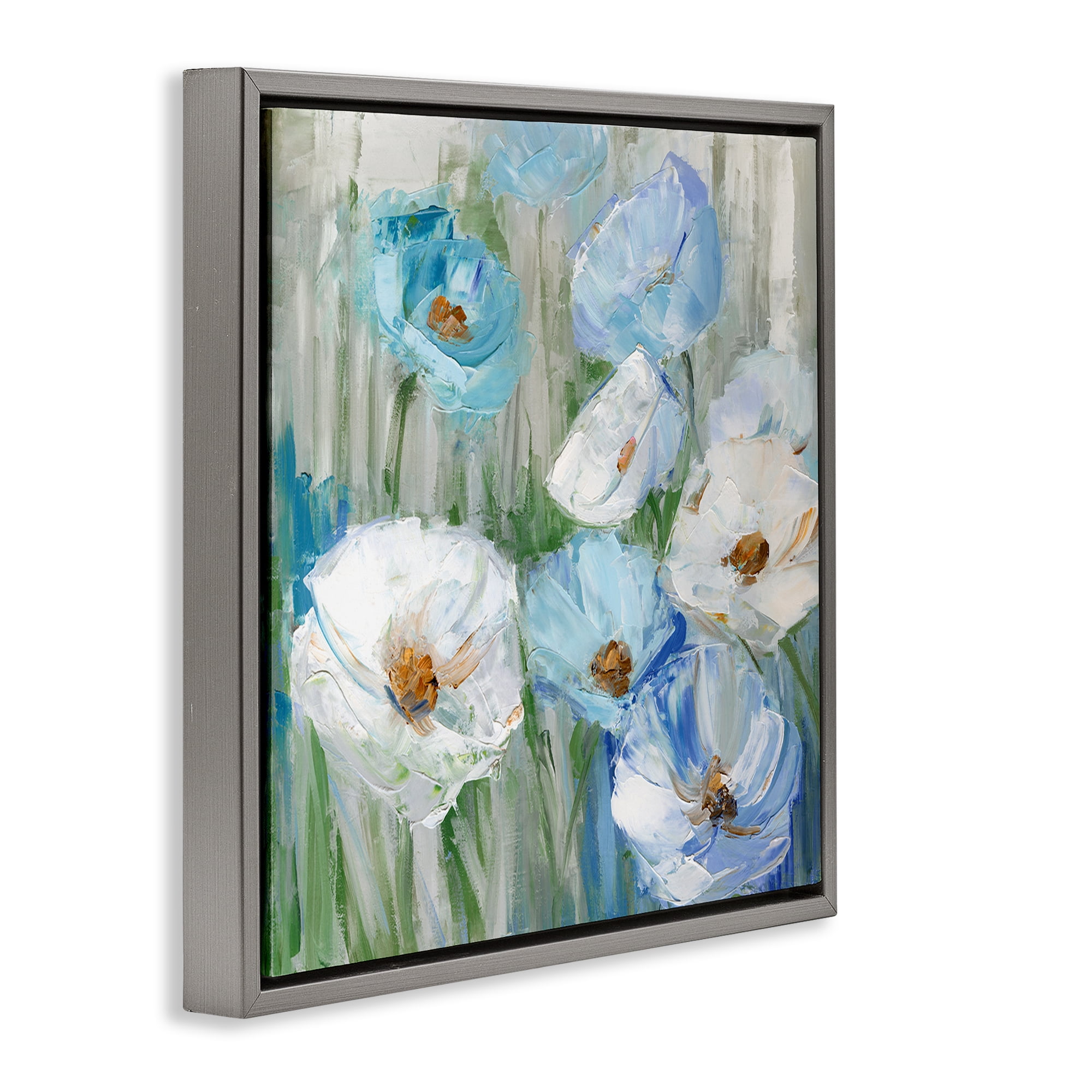Stupell Industries Blue & White Poppies Plants & Flowers Painting Gray Floater Framed Canvas Art Print Wall Art, 18 x 18